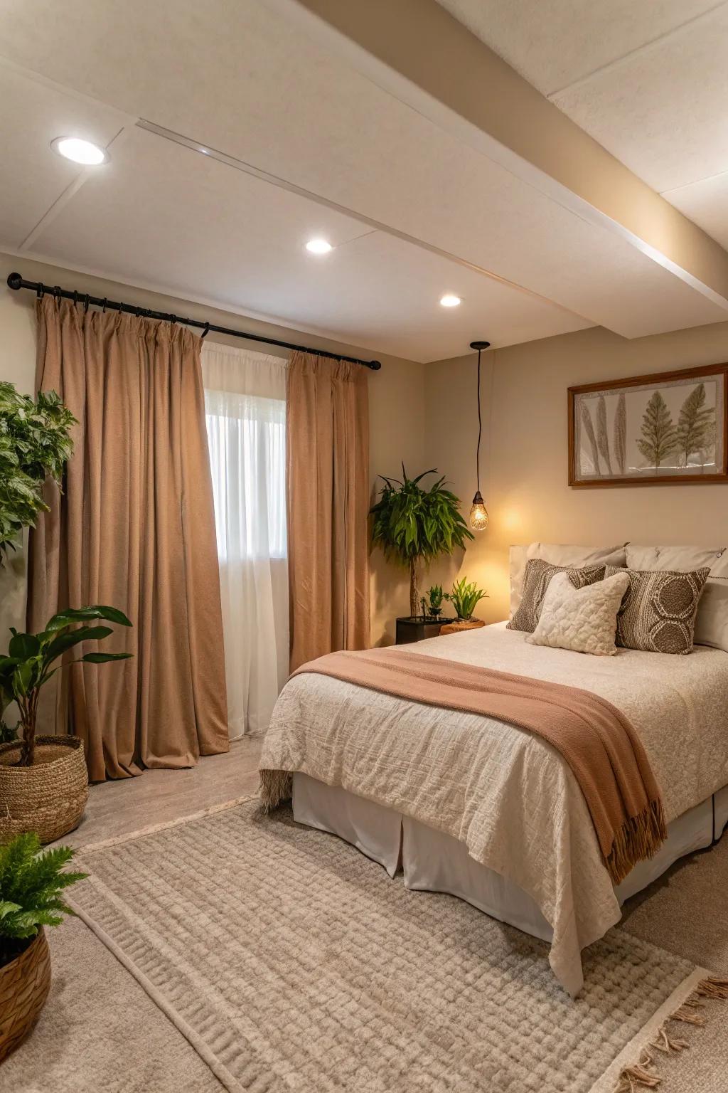 Neutral shades can foster a calm and spacious atmosphere in your downstairs sanctuary.