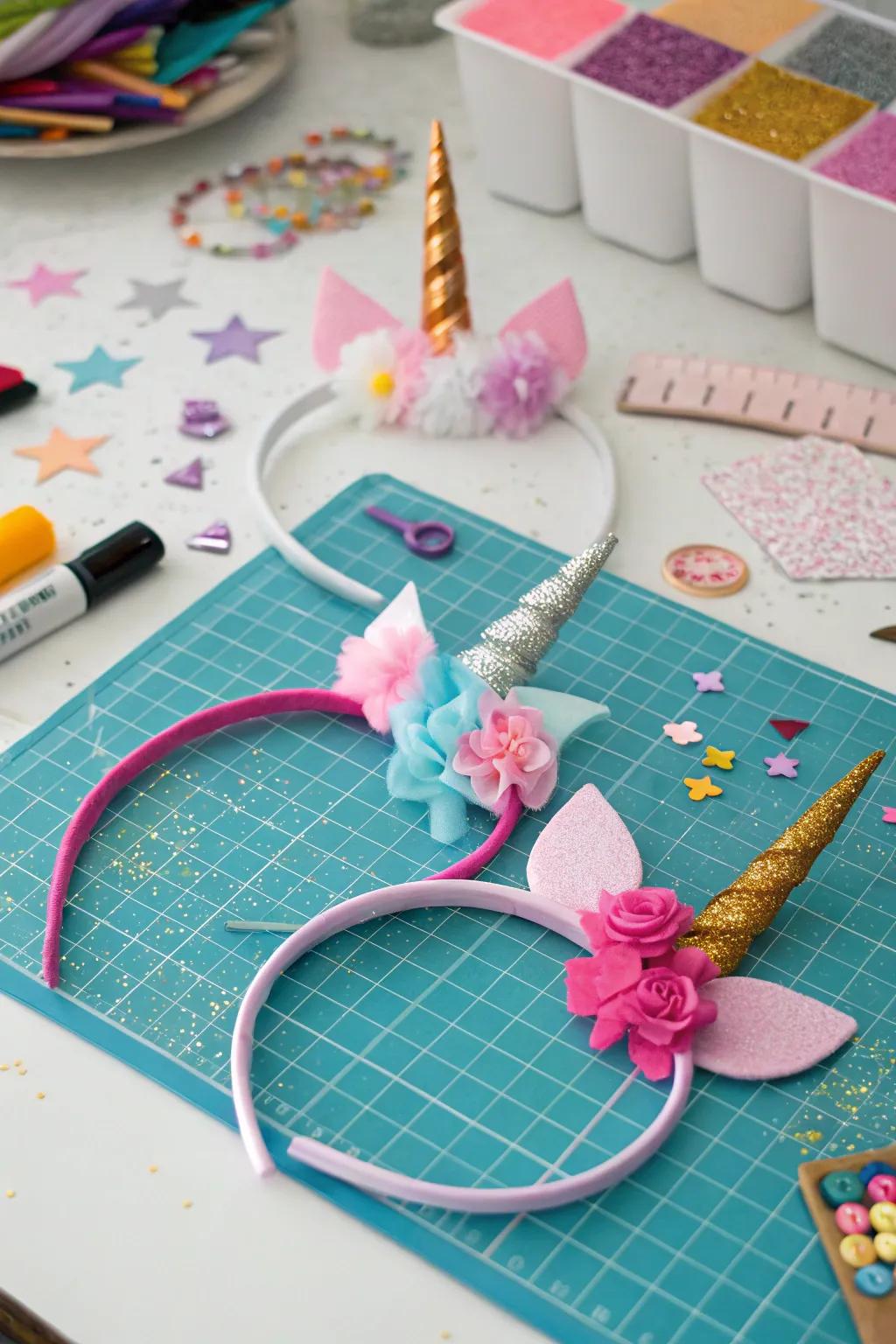Self-made unicorn forehead bands awaiting little attendees to adorn.