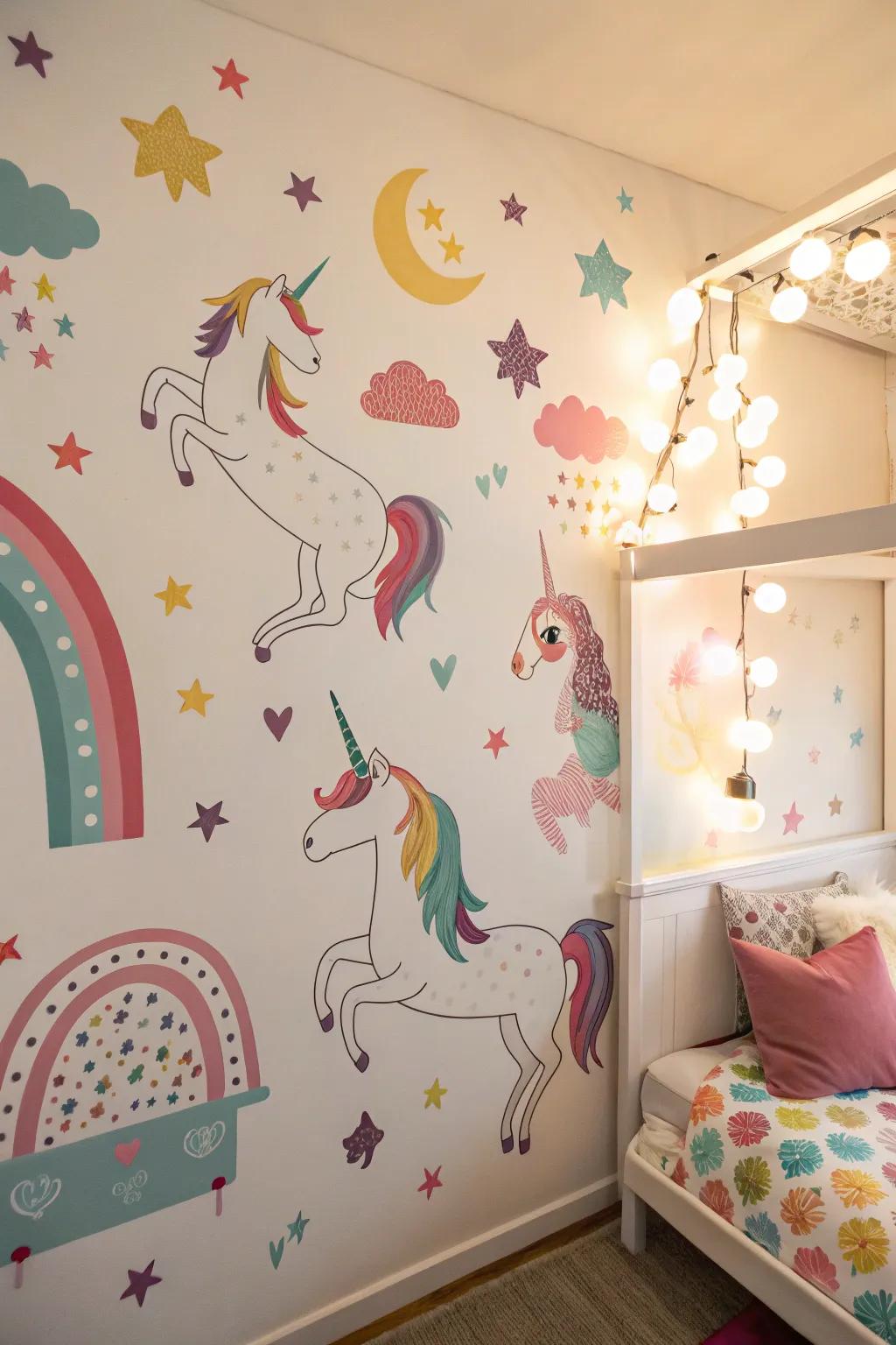 Wall stickers present a straightforward approach to individualizing a unicorn room.
