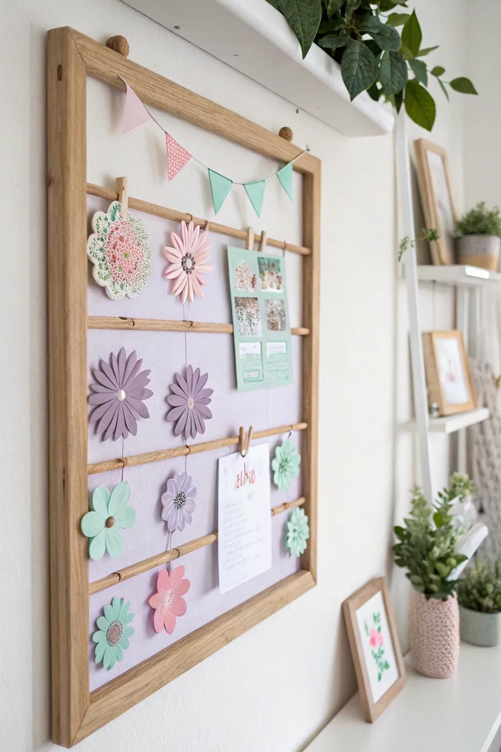 Appreciate the beauty of spring with a pastel-colored bulletin board that blends Scandinavian simplicity with Boho charm, perfect for seasonal inspiration.