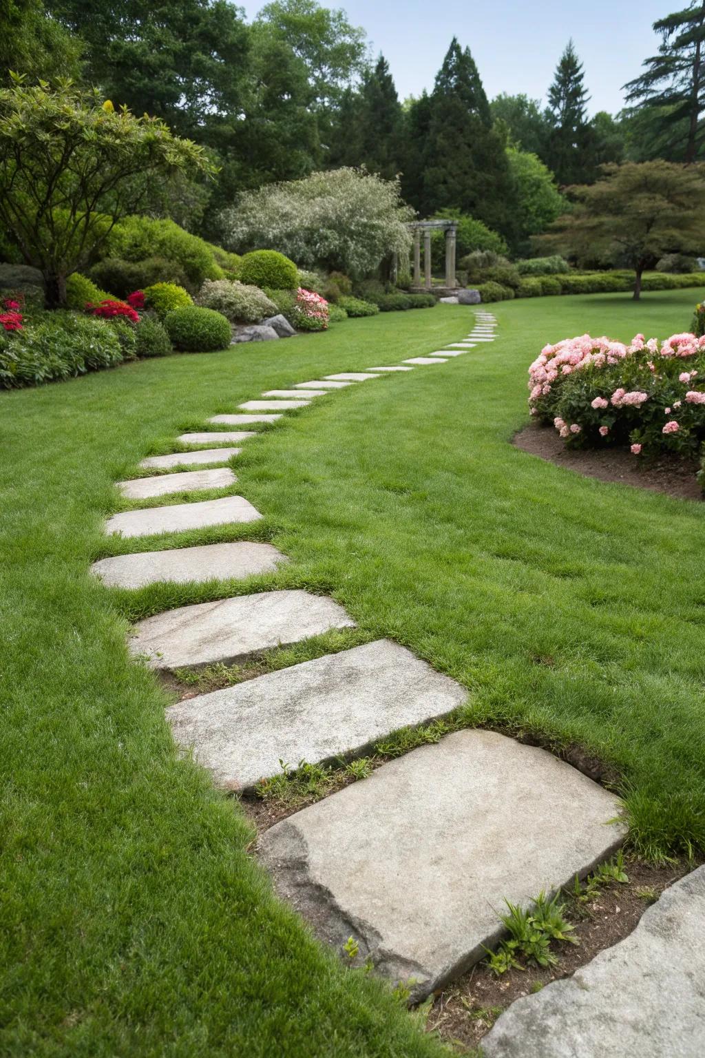 Stepping stones on grass make a lovely path that makes you want to explore.