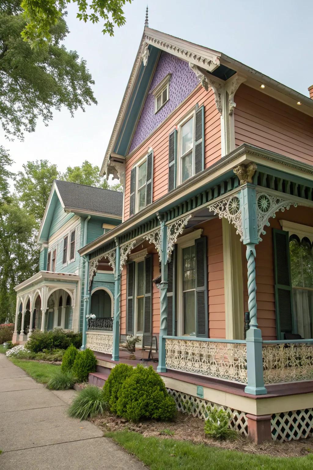 A traditional home featuring colorful shutters and distinctive architectural features.