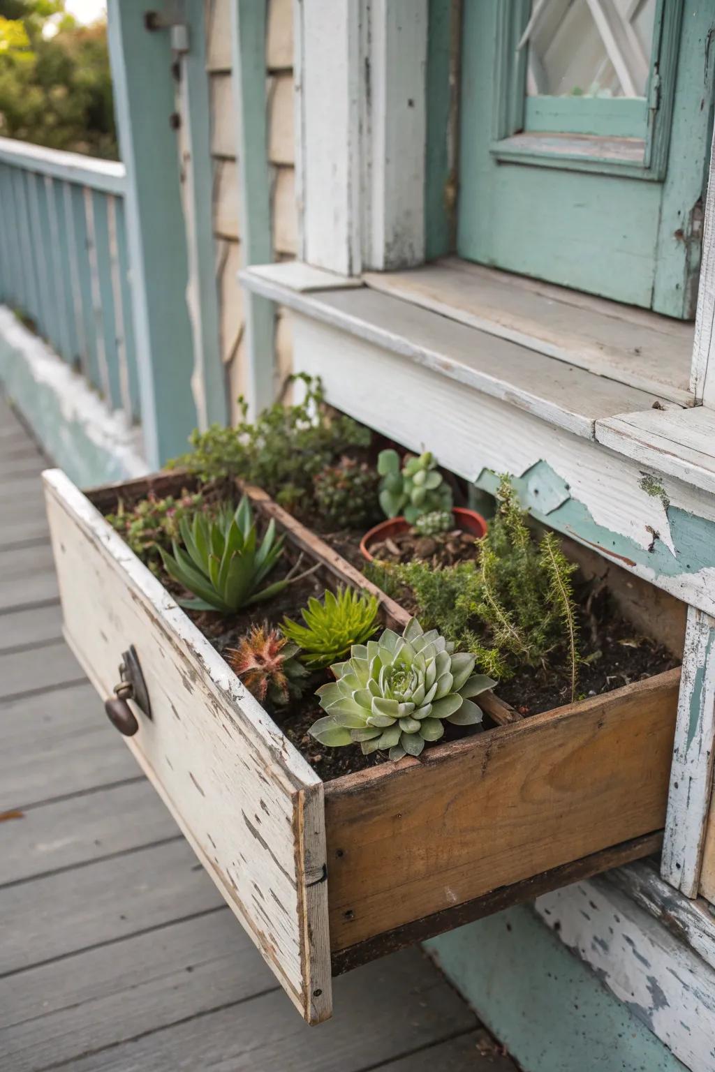 An aged drawer discovers renewed purpose as a captivating succulent vessel.