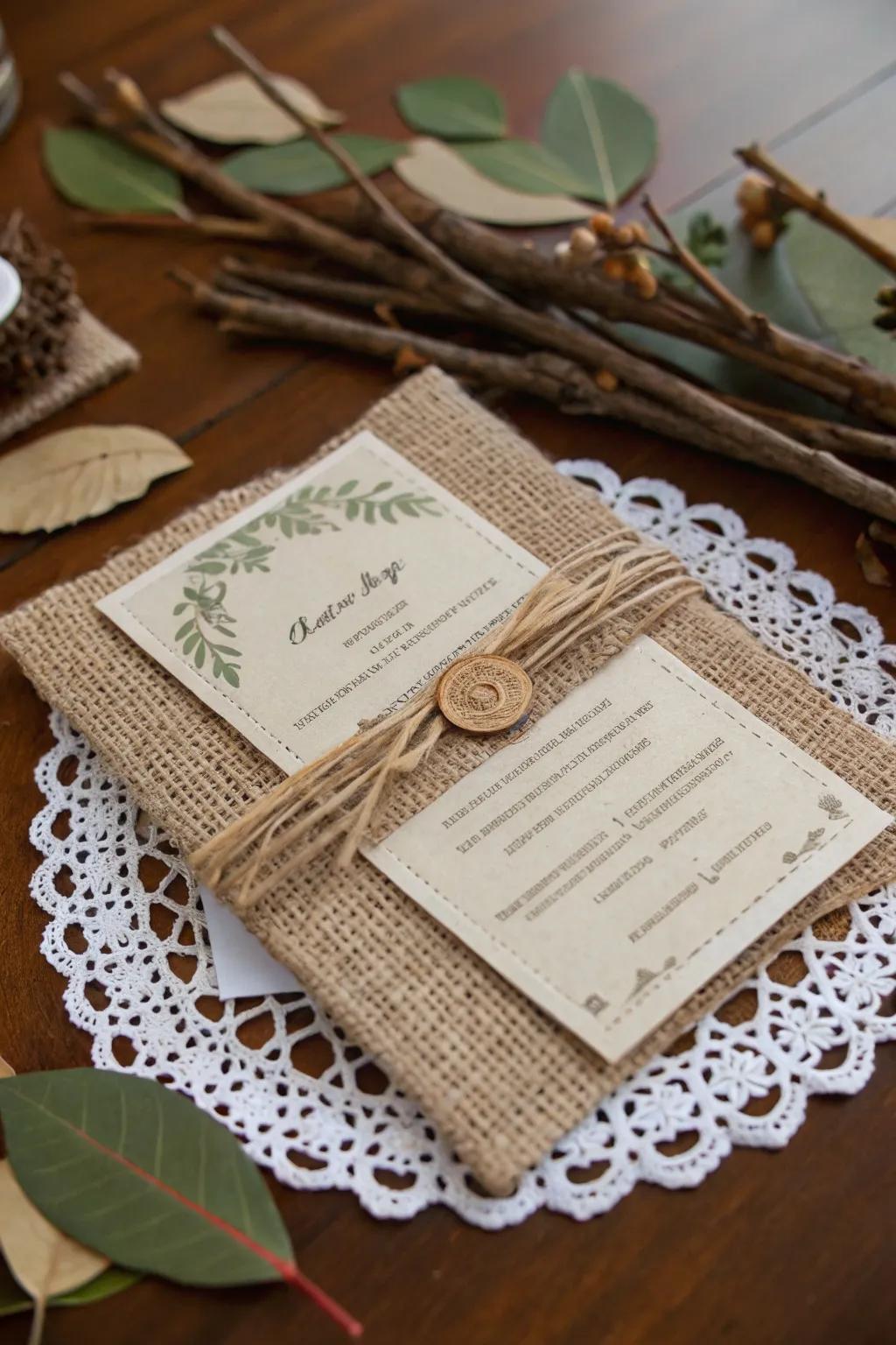 Coarse cloth gives wedding invitations a countryside feel.