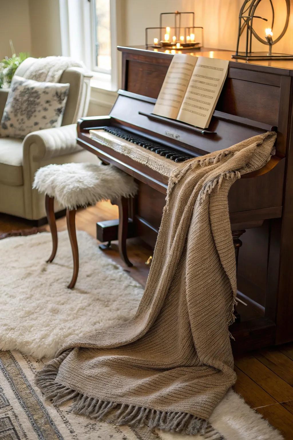 An inviting setting highlighting an upright piano, snug throw blanket, and plush faux fur rug.