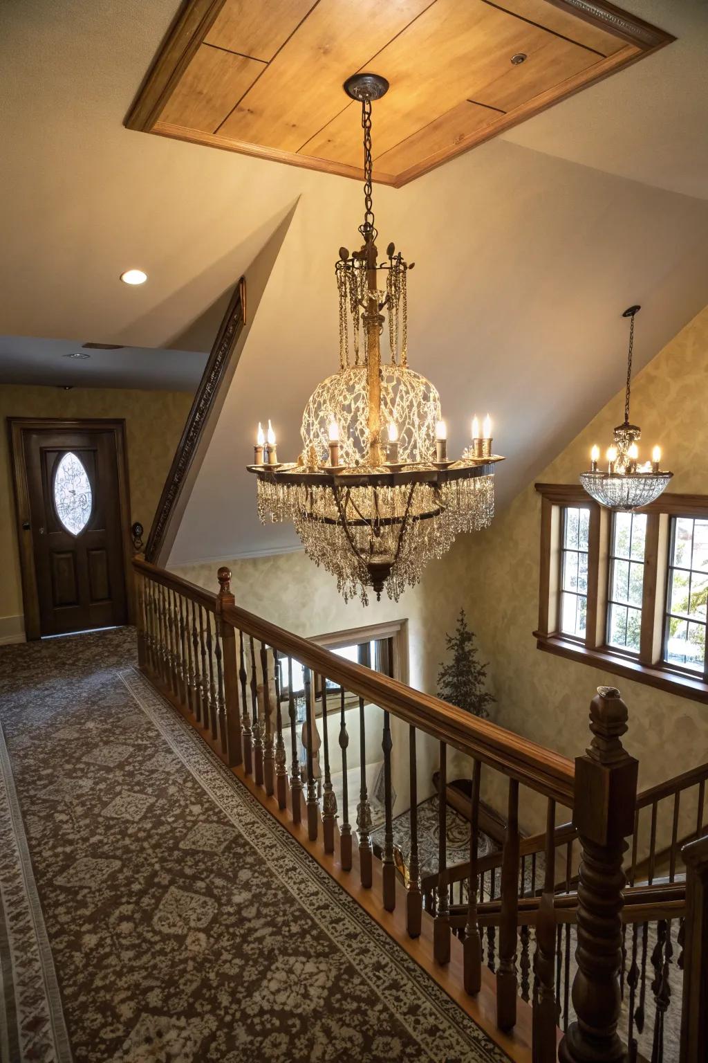Unique lighting transforms the upper hallway into a focal point.