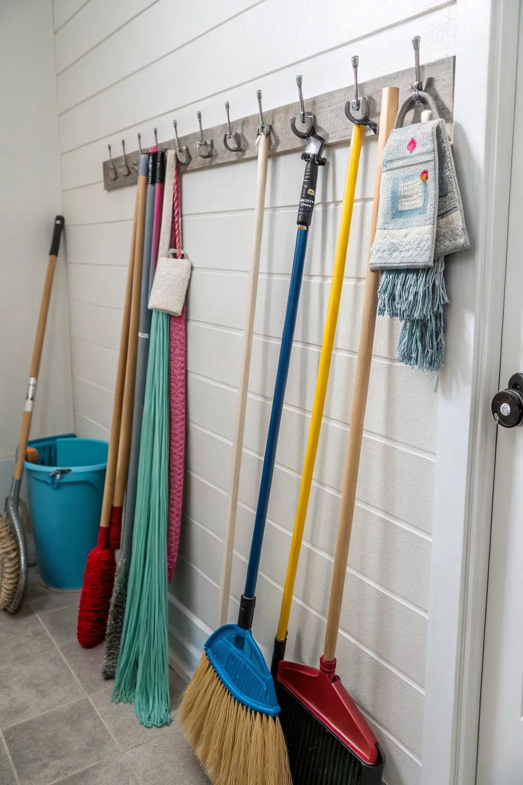 Hooks are a handy way to store cleaning things with long handles.