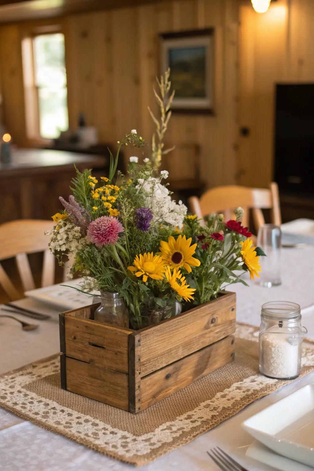 Wildflowers and wood evoke a snug, country charm.