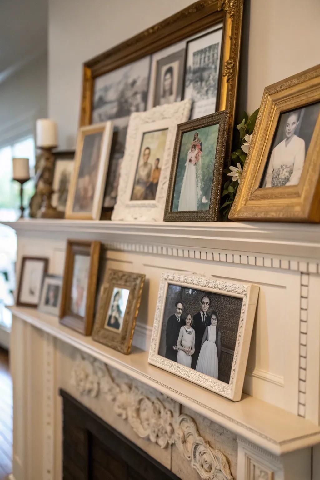 A tailored impression featuring encased images on the mantel.