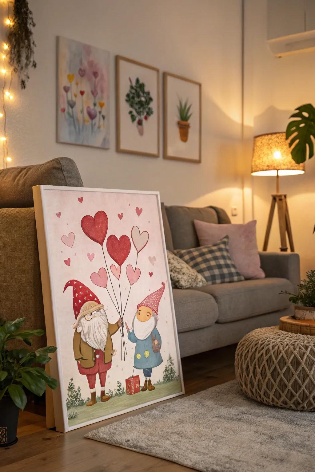 Gnomes bearing heart air balloons incorporate fancifulness into Valentine's ornamentation.