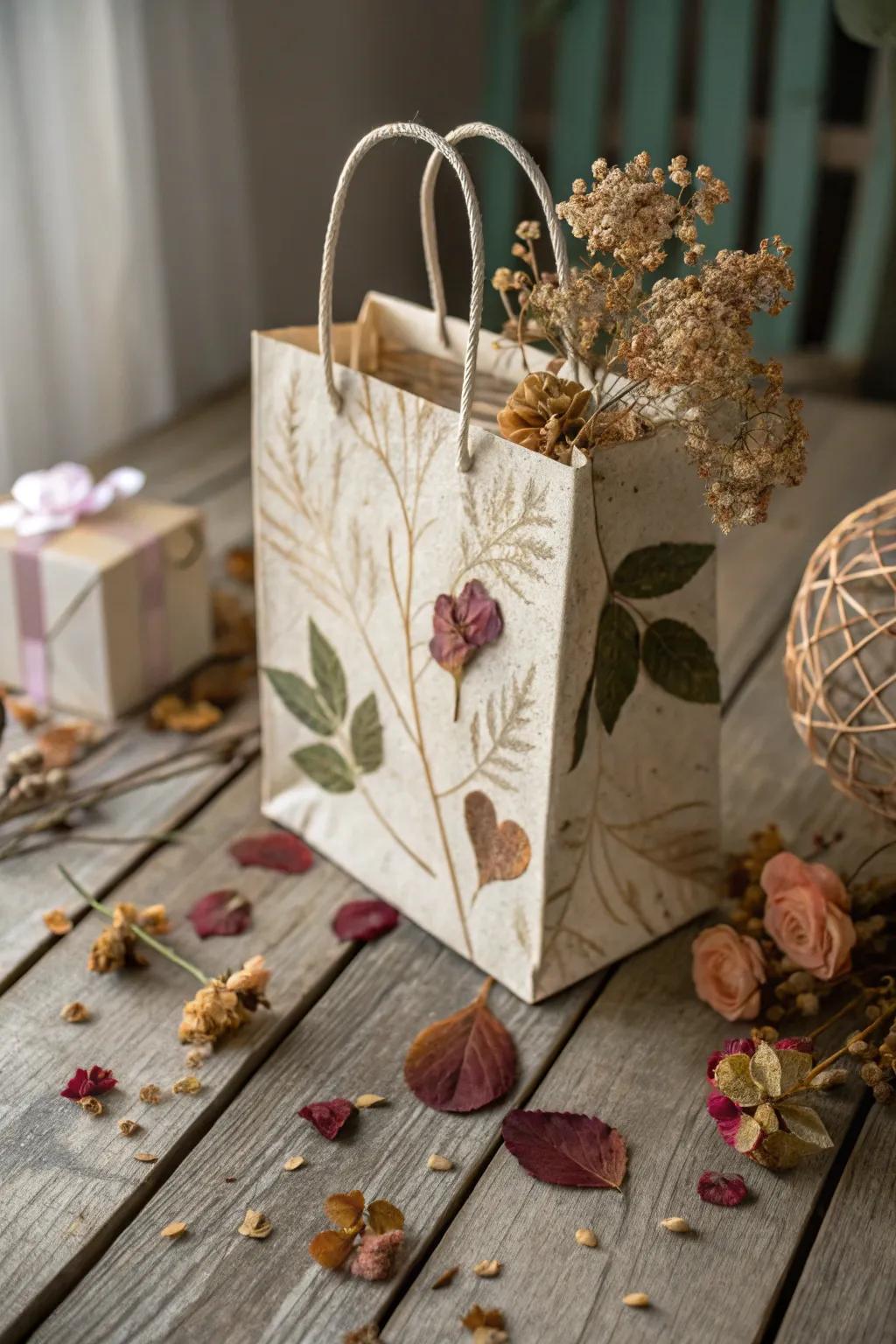 Nature-themed gift bag adorned with dried floral decorations.