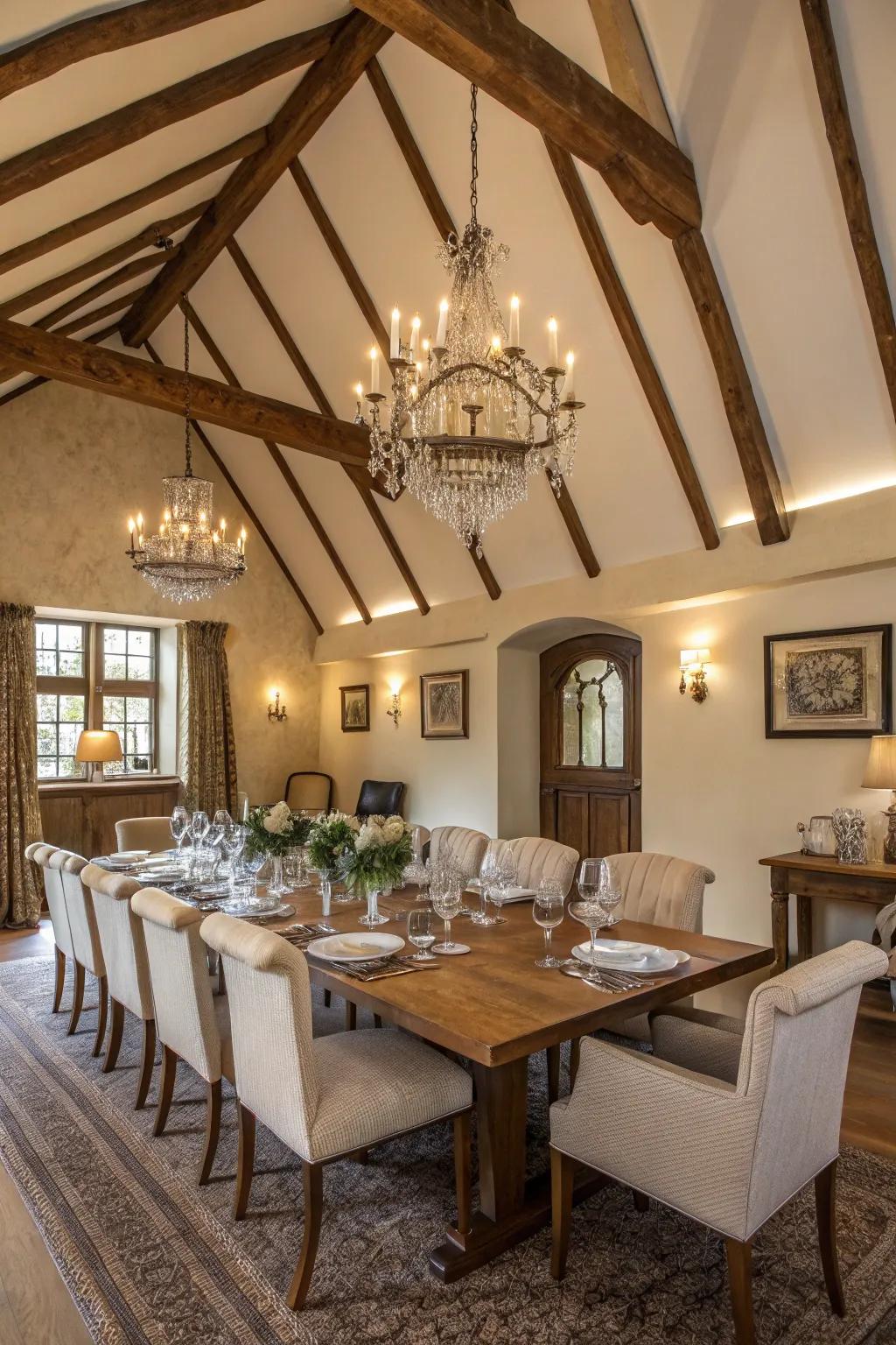 Unadorned sophistication showcased through uncovered woodwork on a vaulted ceiling.