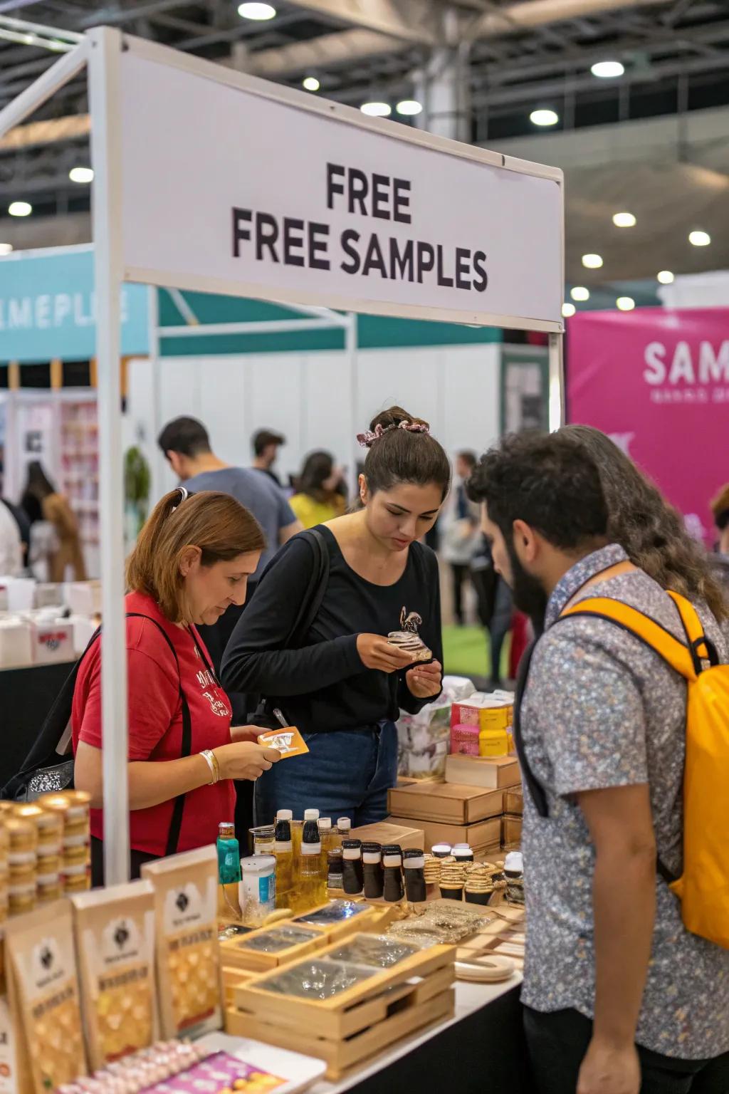 Complimentary samples drawing visitors to the booth.
