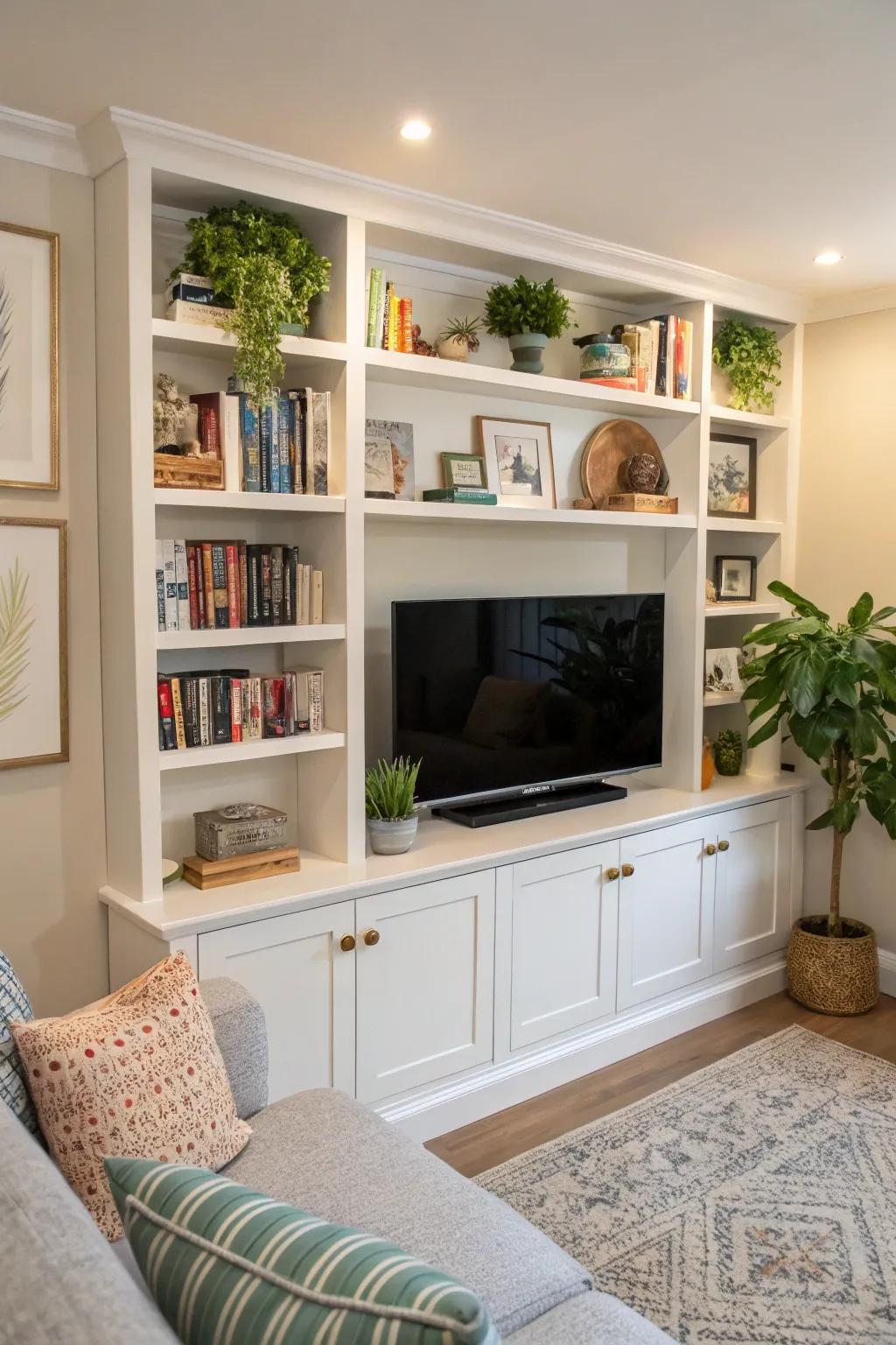Fitted storage maintains an organized and chic room