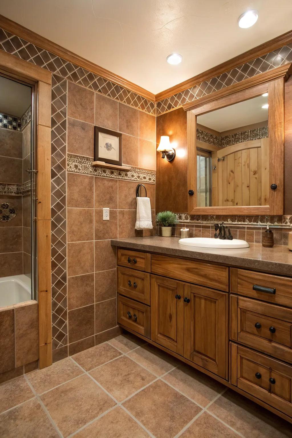 Wood features blend perfectly with brown tiles for a natural feel.