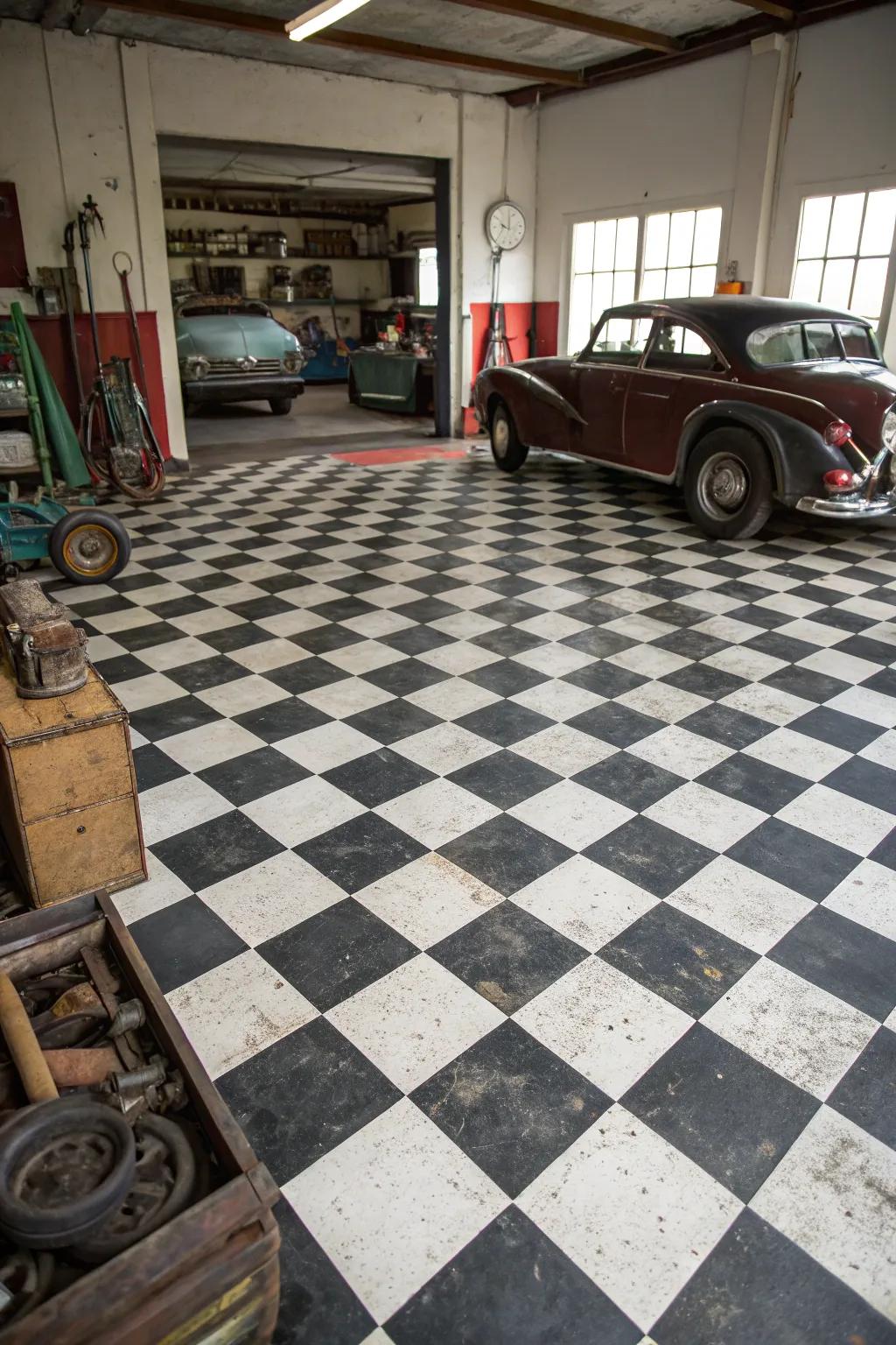 Checkered flooring brings an ageless appeal to a vintage garage.