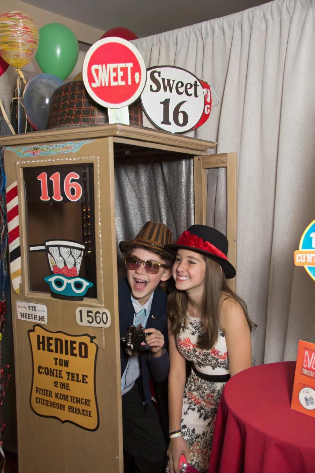Guests reveling in a vintage photo booth with retro props.
