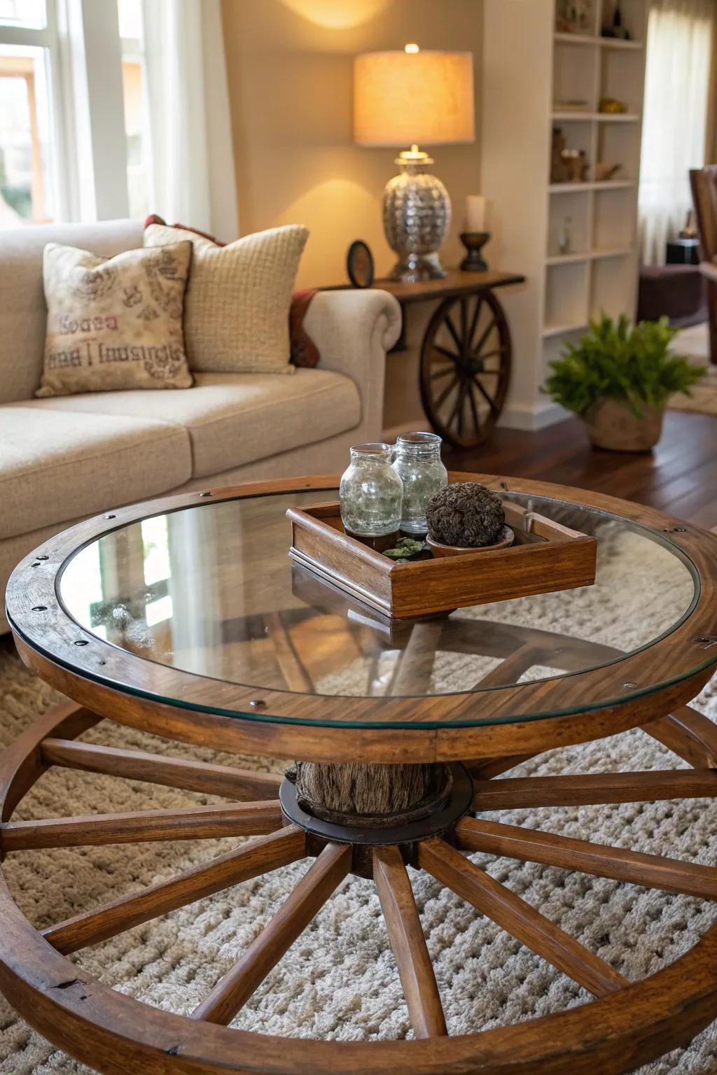 A cartwheel sustaining a glass countertop, crafting an exceptional drink station.