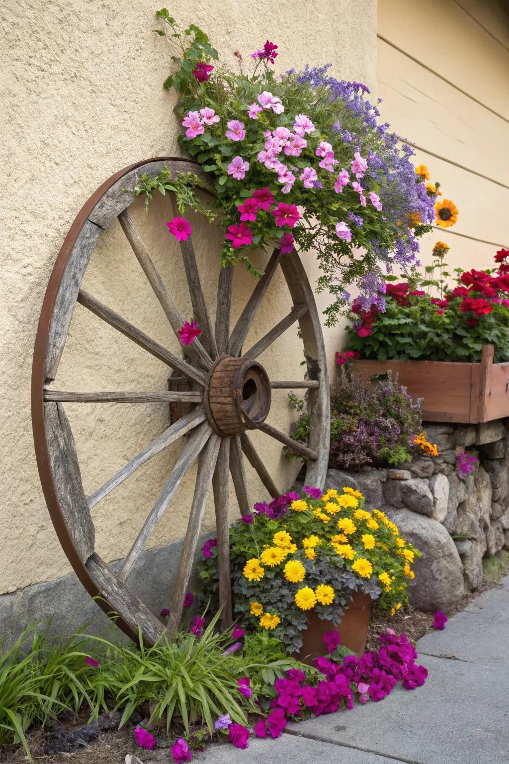 The blossom decorated cart wheel brings vibrant charm and a burst of color.