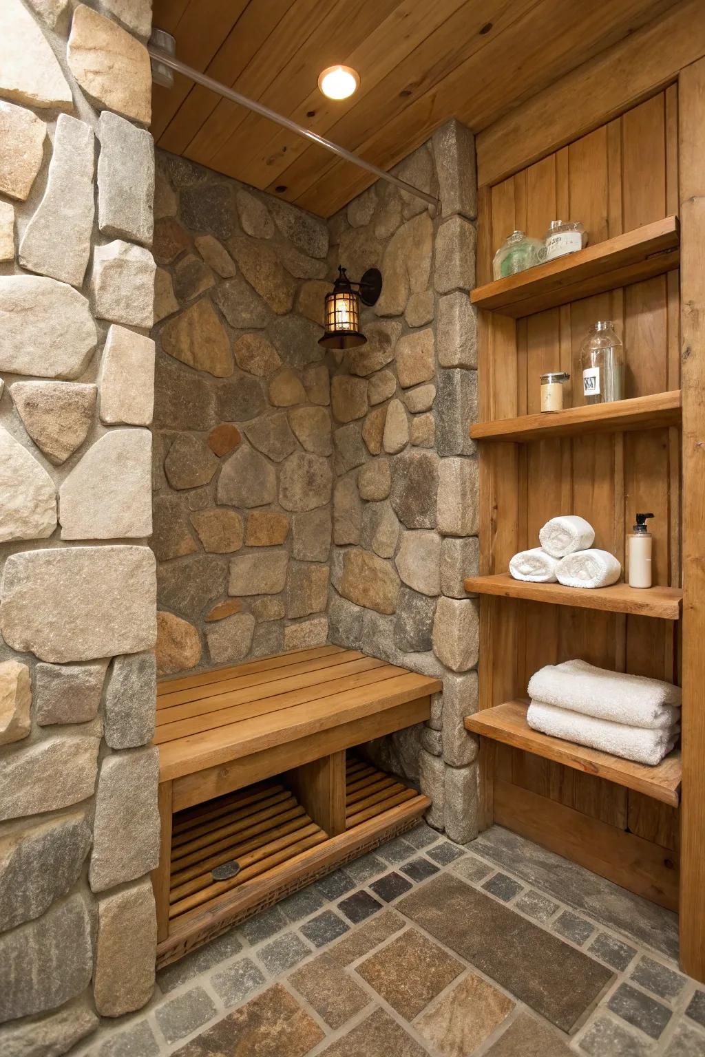 Stone shower including a timber seat and shelving.