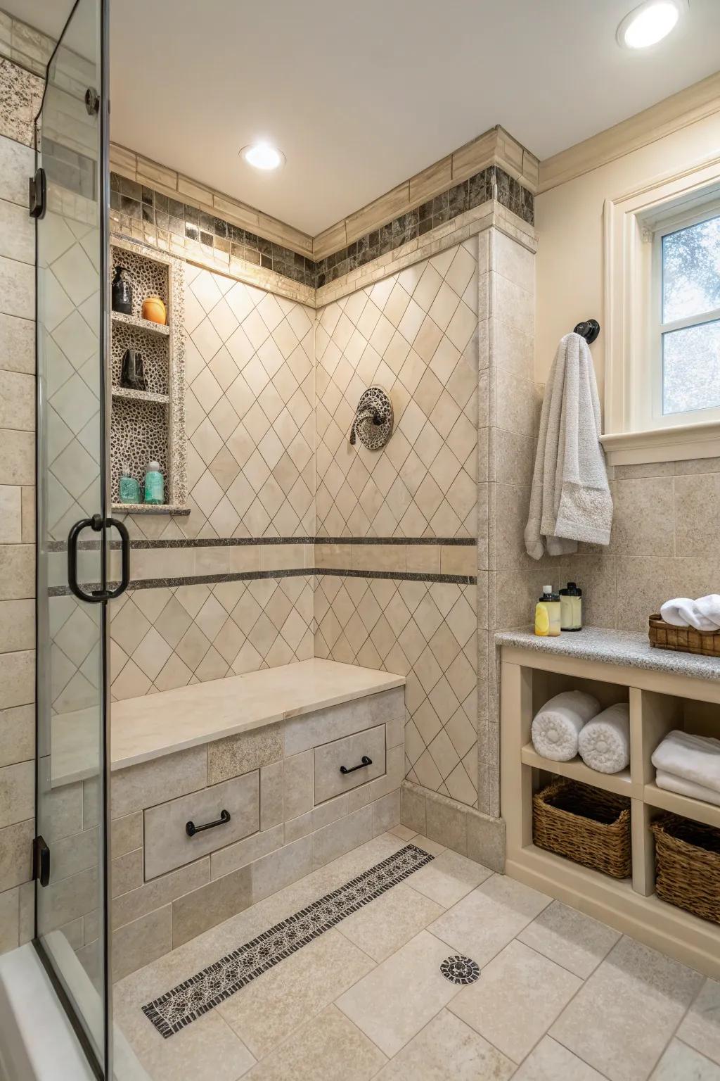A built-in storage bench helps keep the shower tidy and stylish.