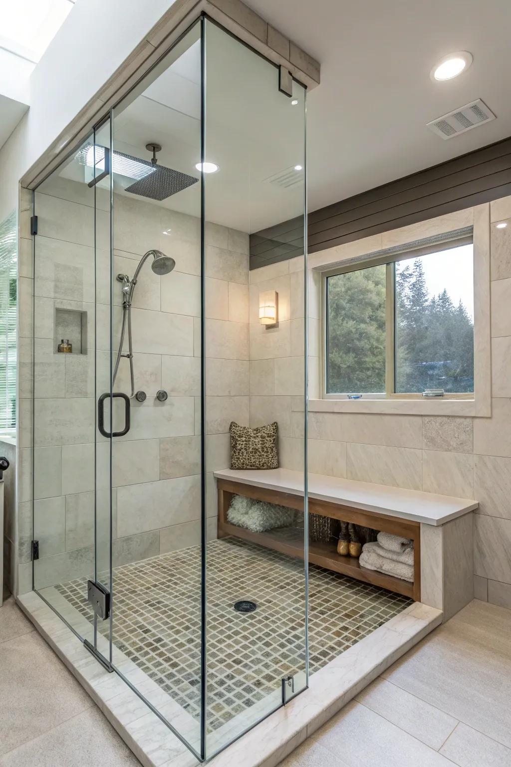 A fixed seat enhances comfort and utility in this walk-in shower.