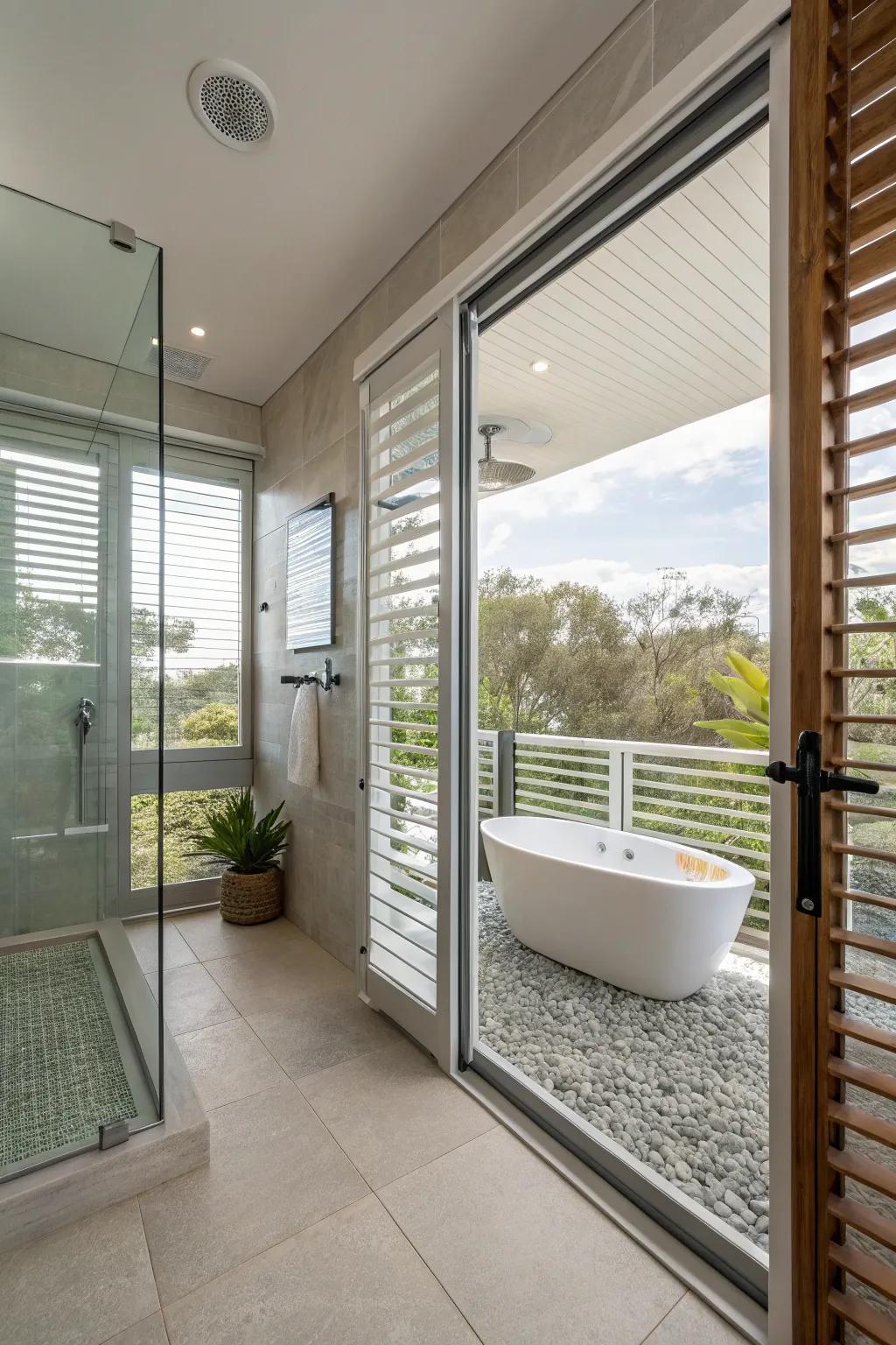Louvered windows in a walk-in shower, blending the luxury of indoors with the breeziness of the outdoors.