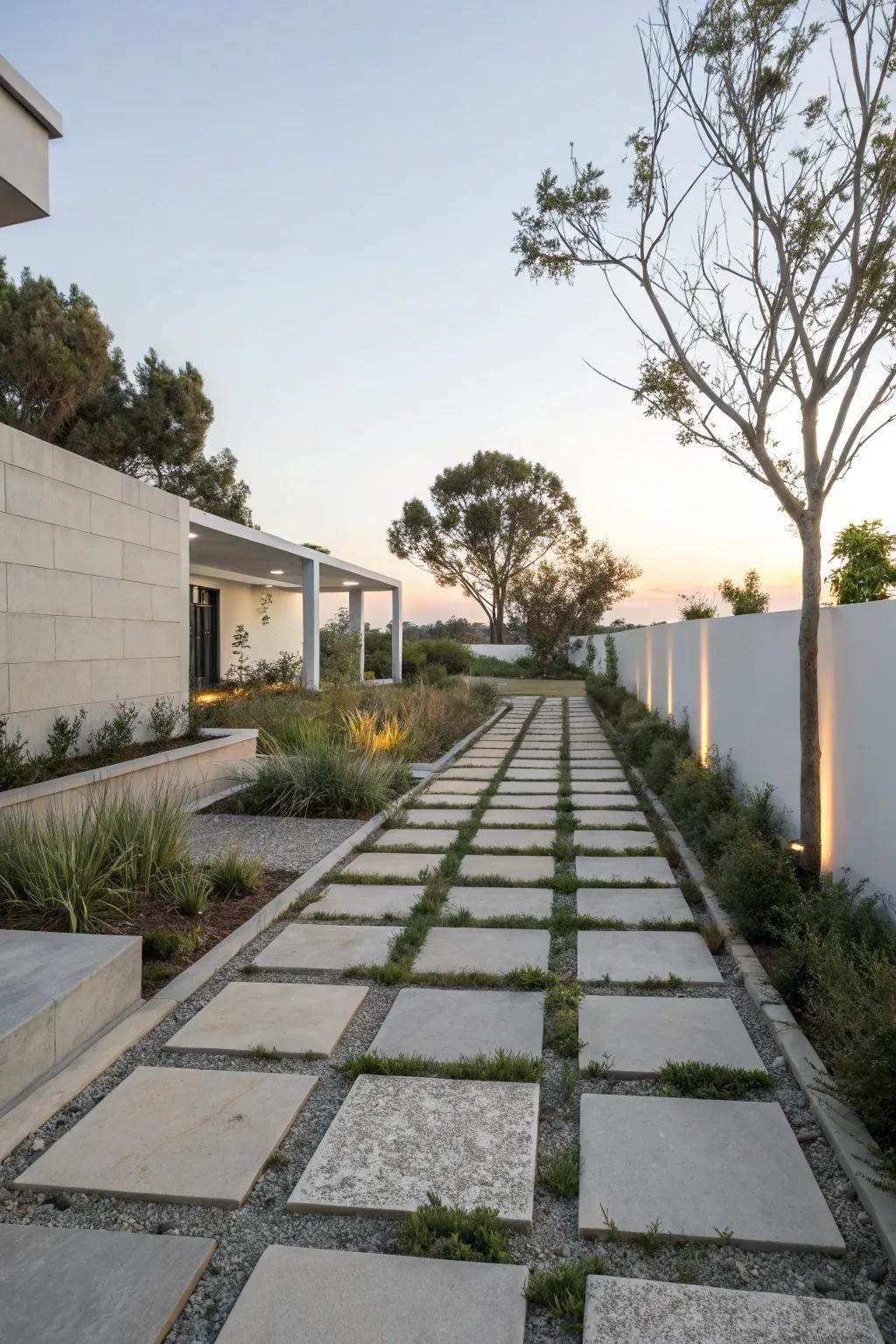 Modern tile designs offer sleek and structured walkways.