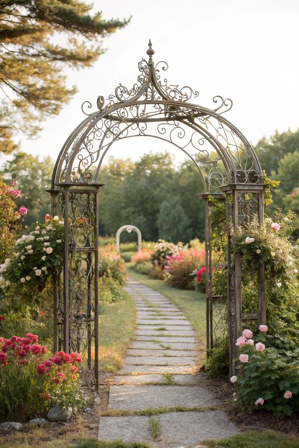 Antique iron arches introduce a sense of whimsy and history to your garden.