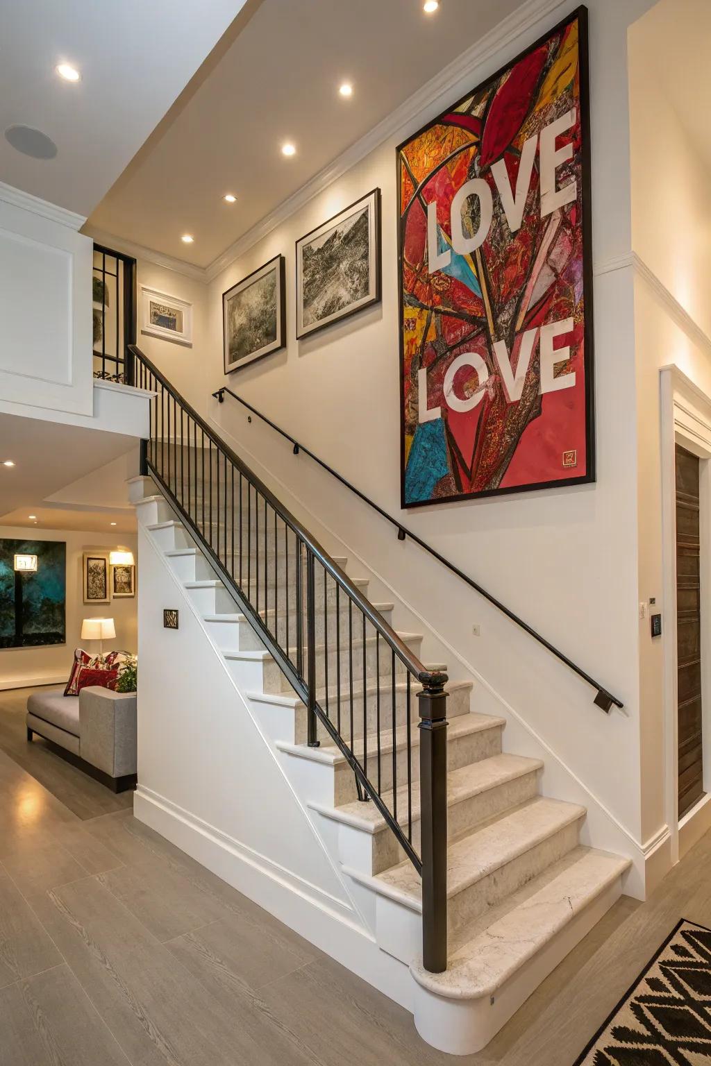 A statement piece transforms your stairway wall into a magnetic focal point, capturing the essence of your style.