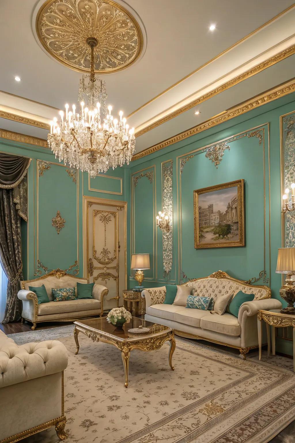 A regal touch featuring sea-green walls and gold trim.
