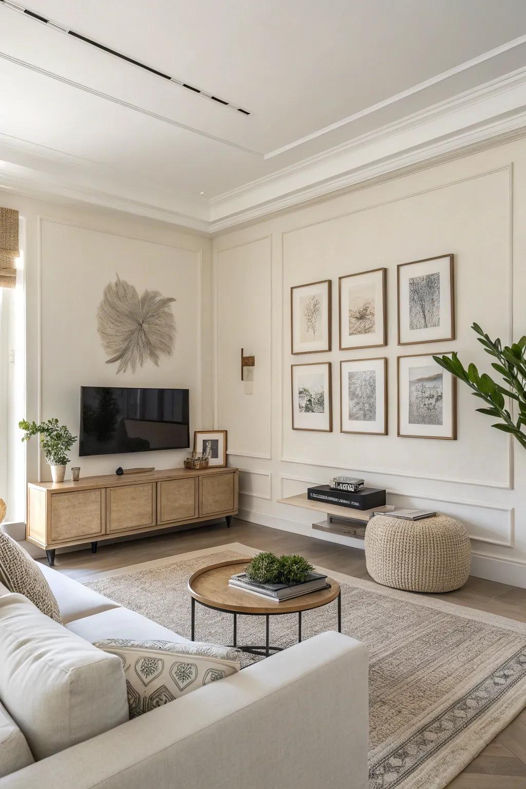 A minimalist living area with clean lines and simple wall art.