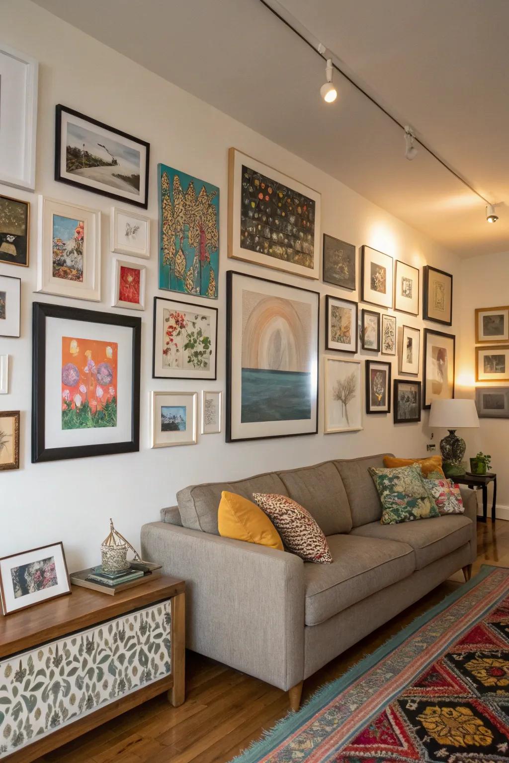 A dynamic and eclectic wall art display.