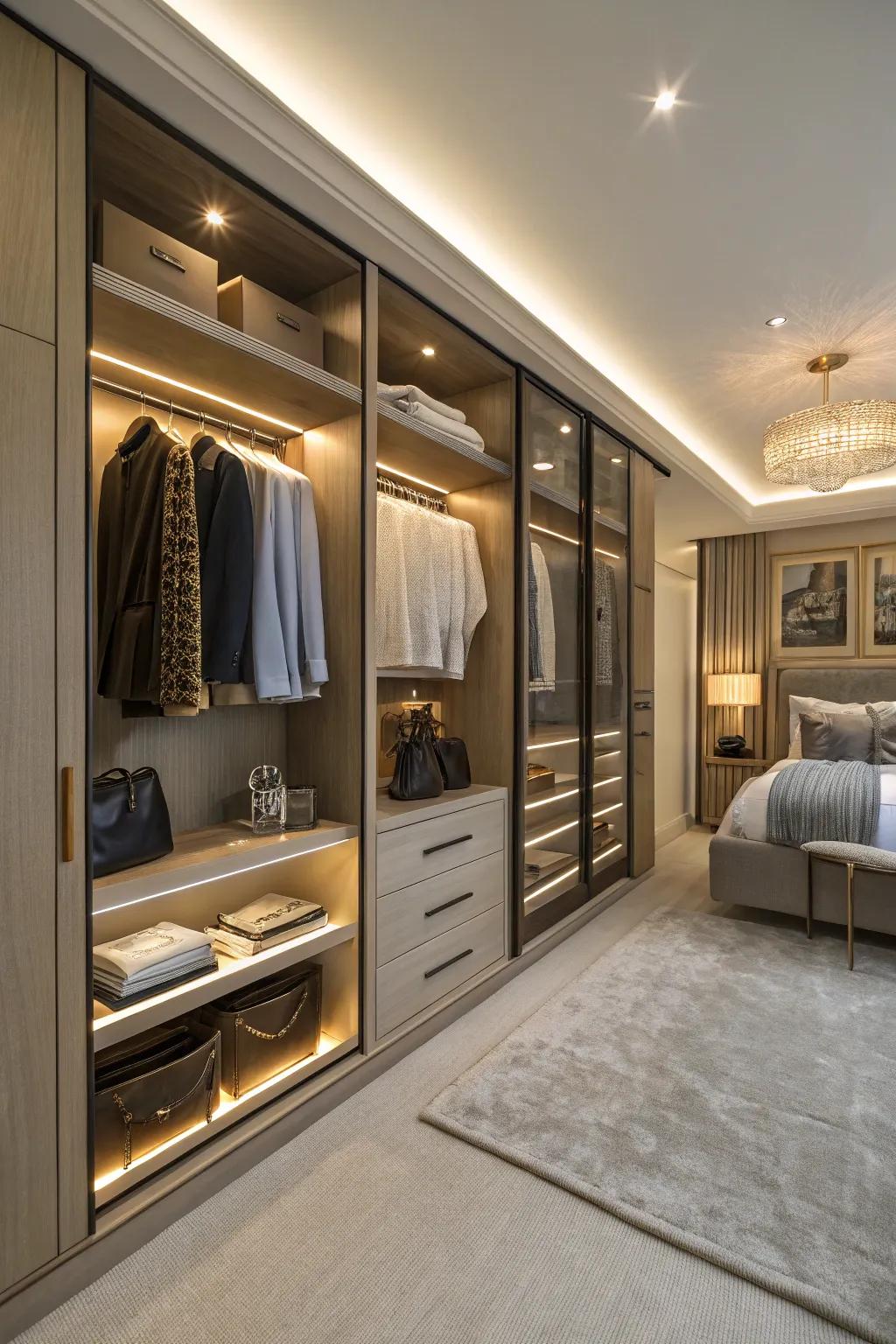 Built-in lighting makes wall closets more useful and stylish.