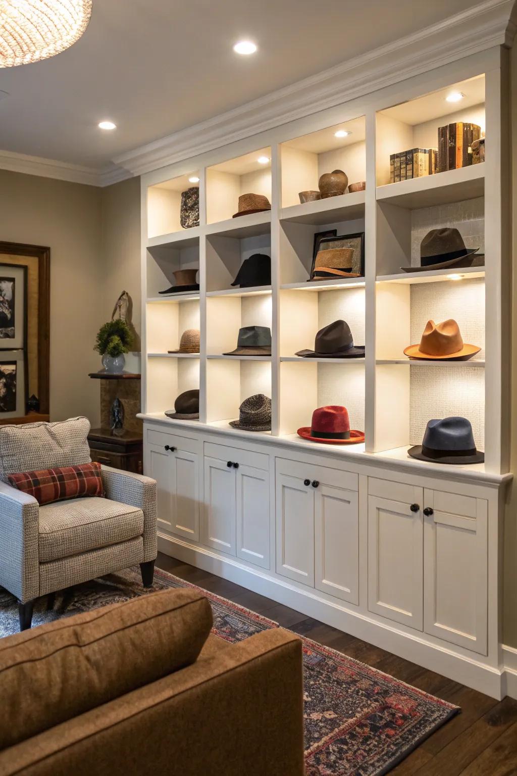 Tailored shelving with individual sections for hats