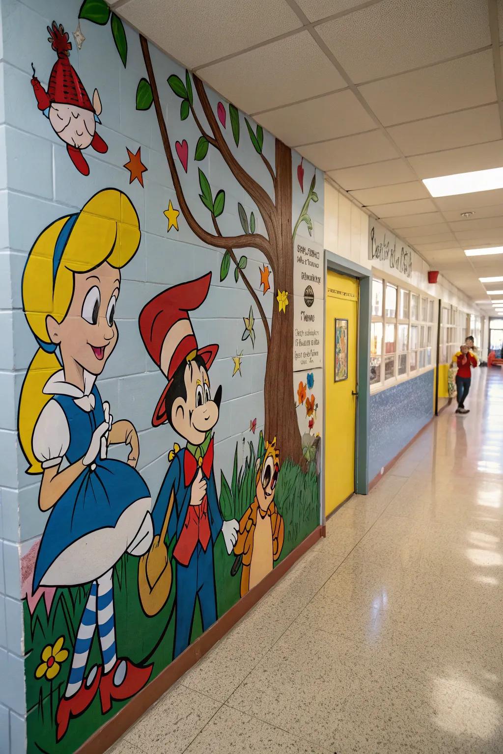 Storybook figures displayed on a school wall