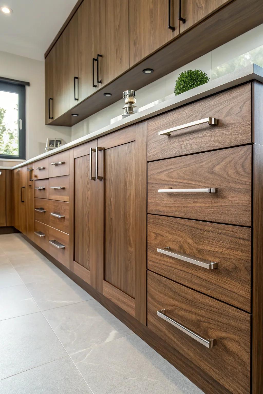 Contemporary hardware gives walnut cabinets a refined touch.