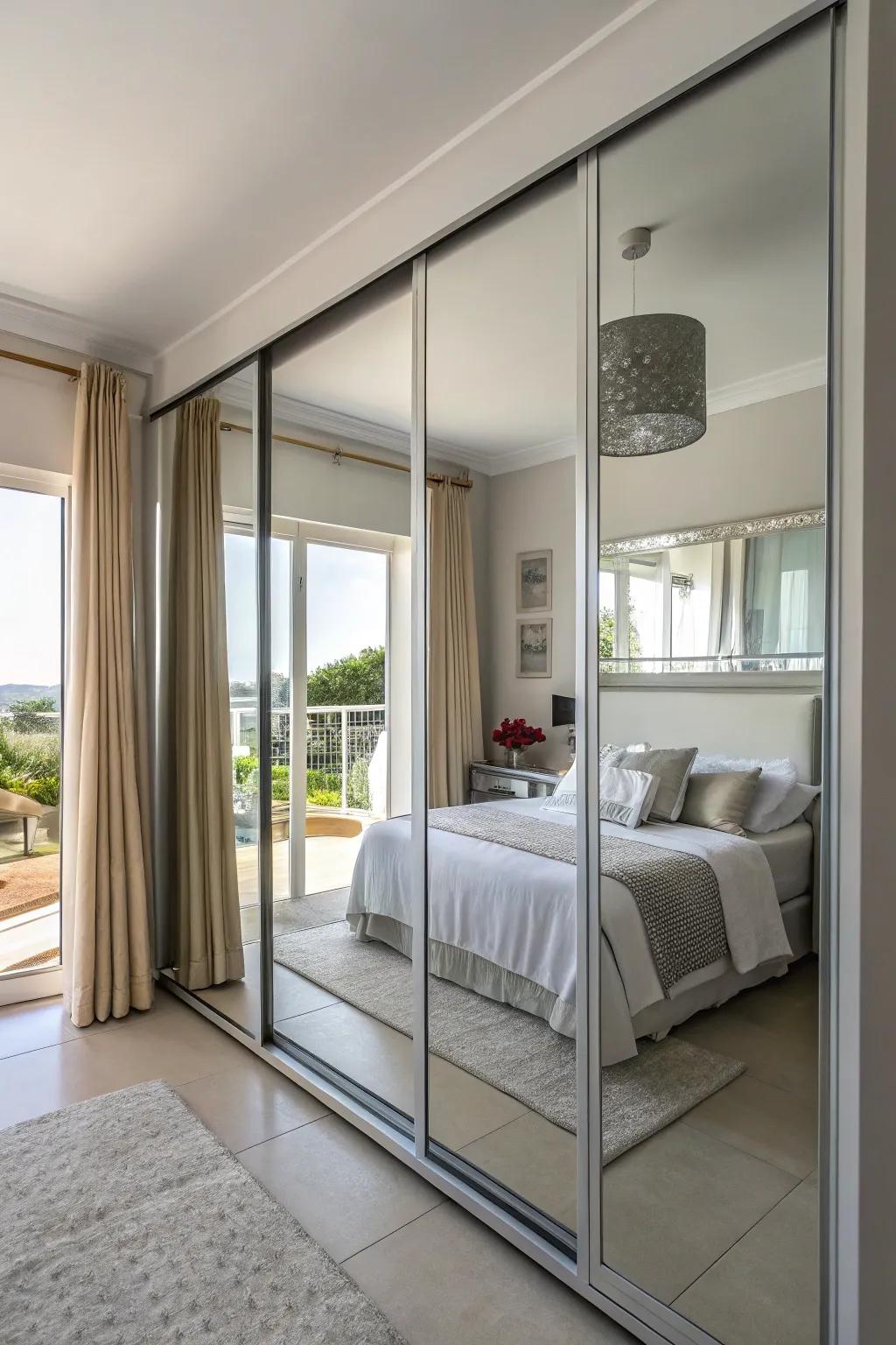 Closet entrances adorned with reflective surfaces for a capacious sensation.