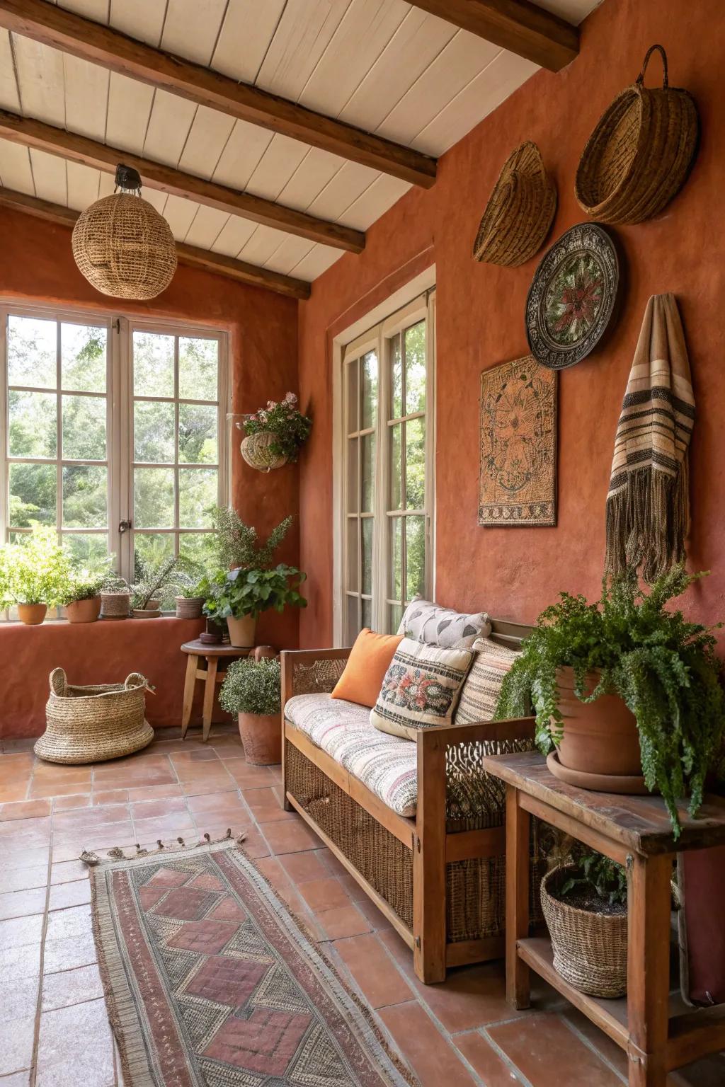Sunroom with warm earth tone walls, presenting an earthy and cozy getaway.