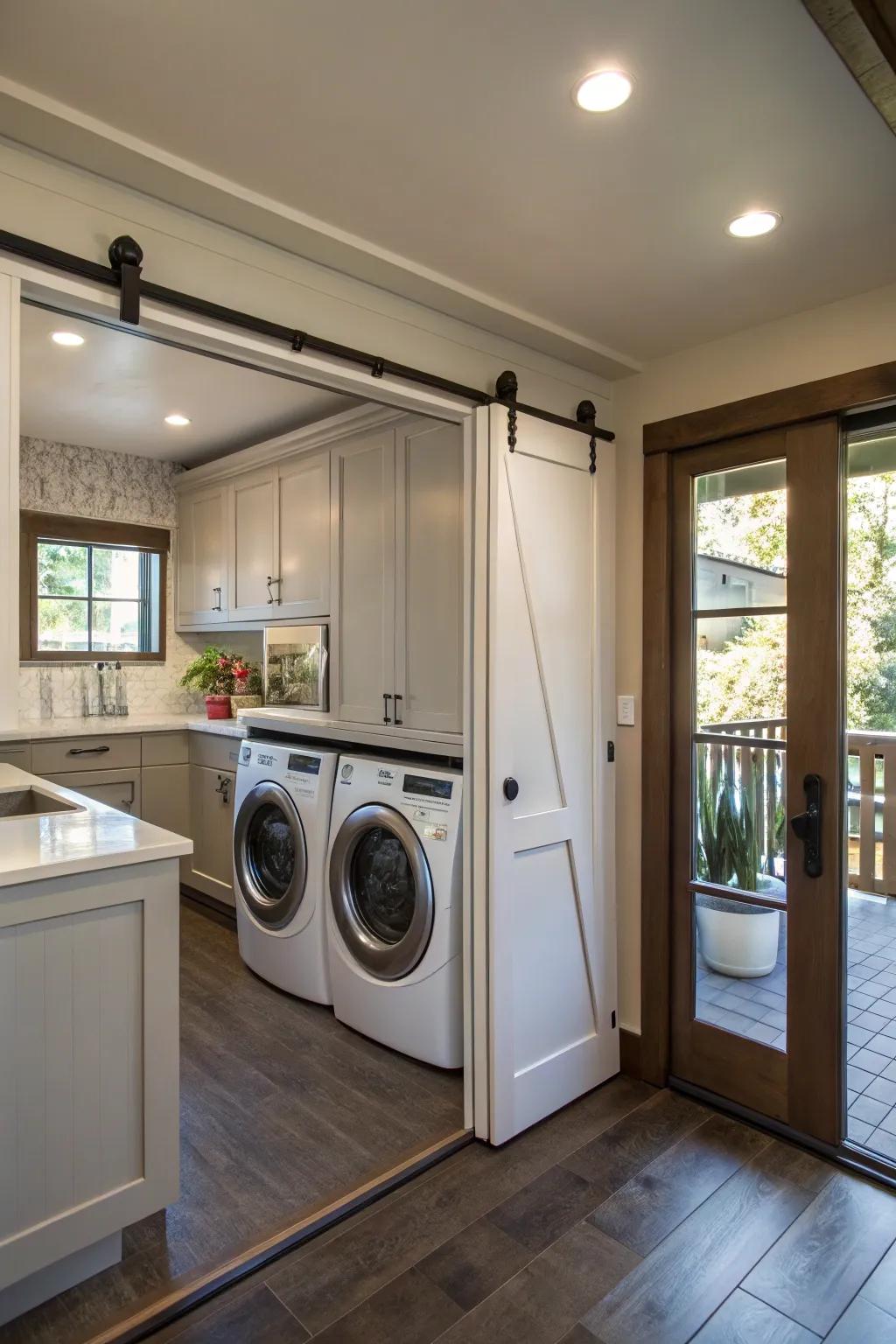 Sliding doors smartly hide the clothes cleaning system in the kitchen.