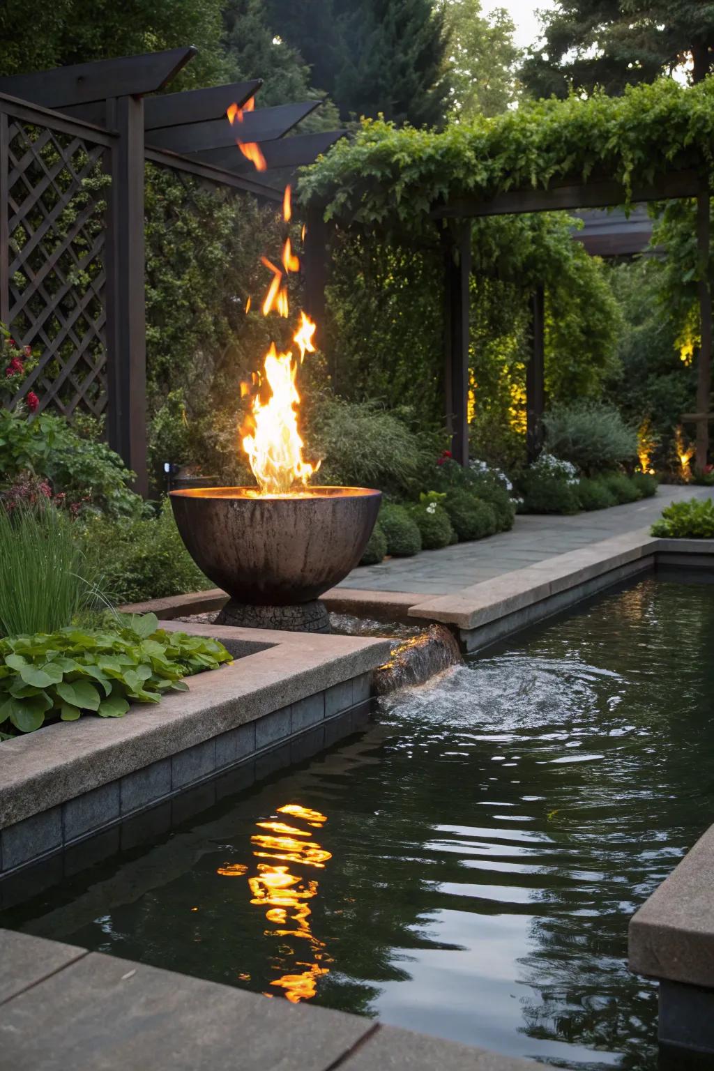 Fire and water blends produce striking contrasts and focal points in outdoor areas.