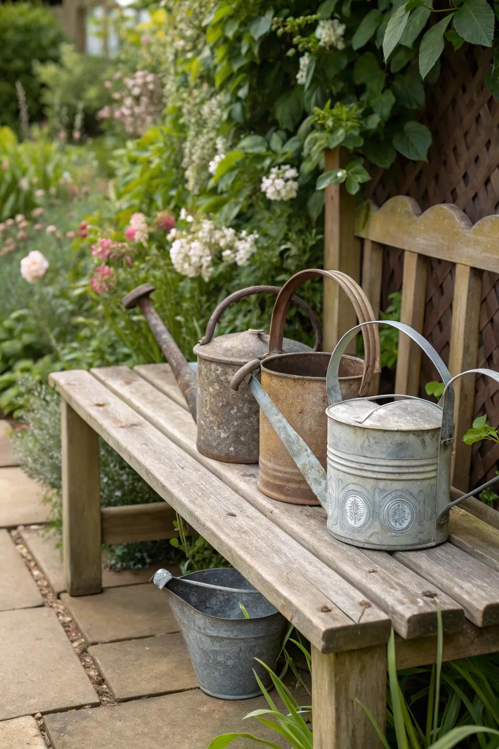 Classic watering cans infusing age-old charm into a garden.