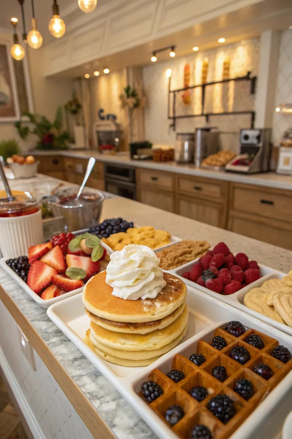 An appealing pancake and waffle center prepared for a joyous wedding breakfast.