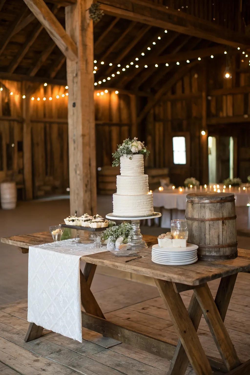 A woodland-themed table offering an enchanting foundation for a wedding cake.