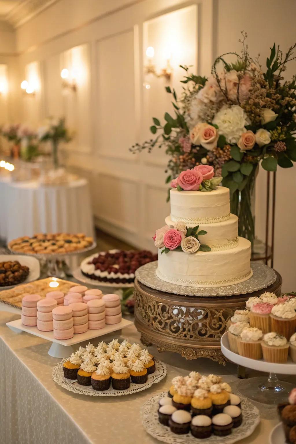 A wedding cake table exhibiting a variety of scrumptious desserts.