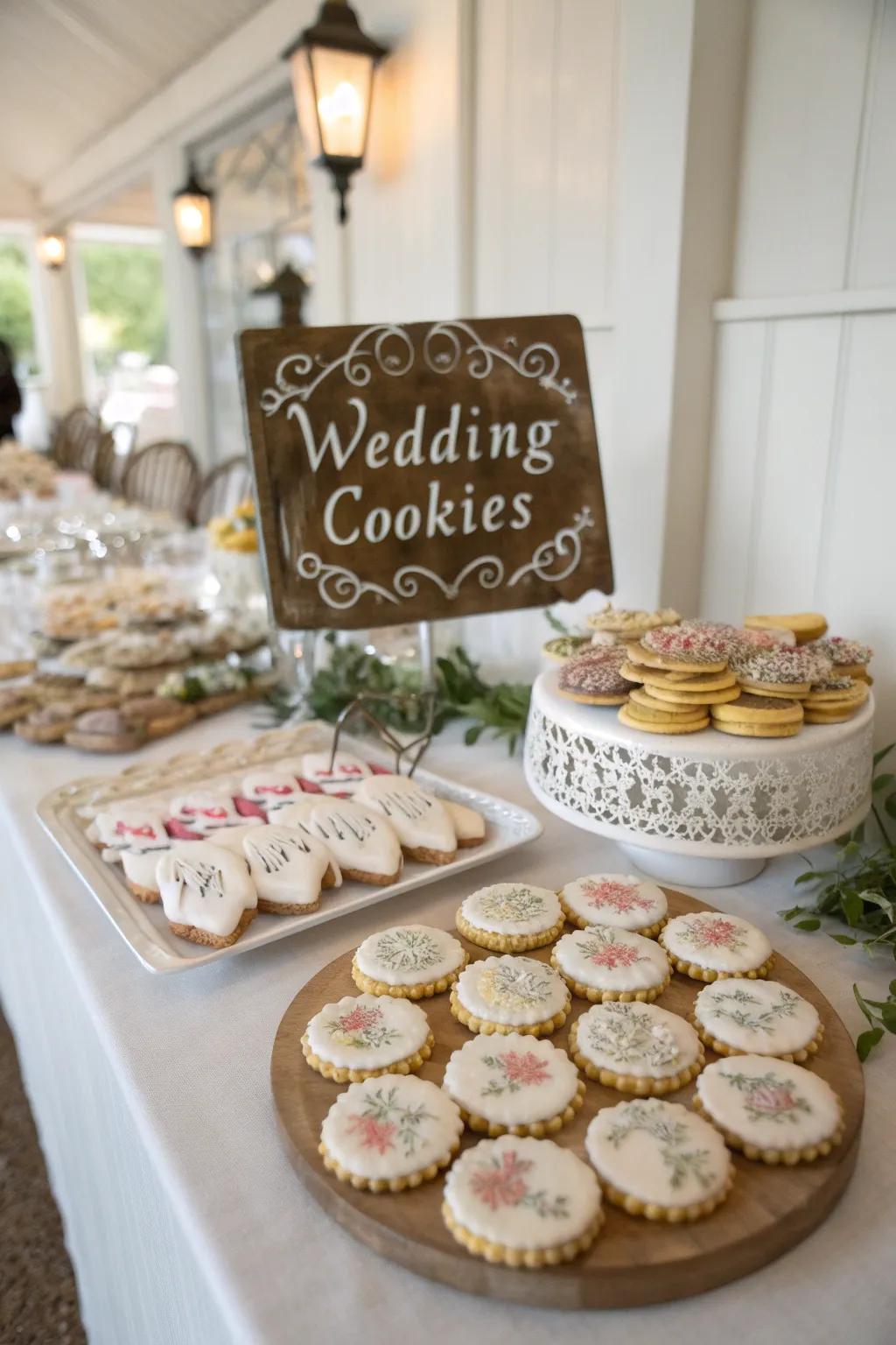 Bespoke cookies and signage inject a unique element into a wedding cookie display.