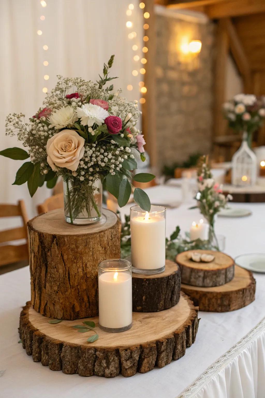 Primitive lumber accents introduce allure to wedding decorations.