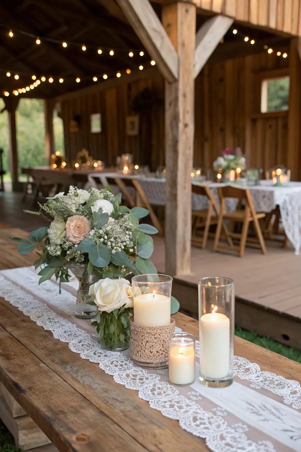 Rustic wedding decor featuring woodland details and candles for a cozy atmosphere.