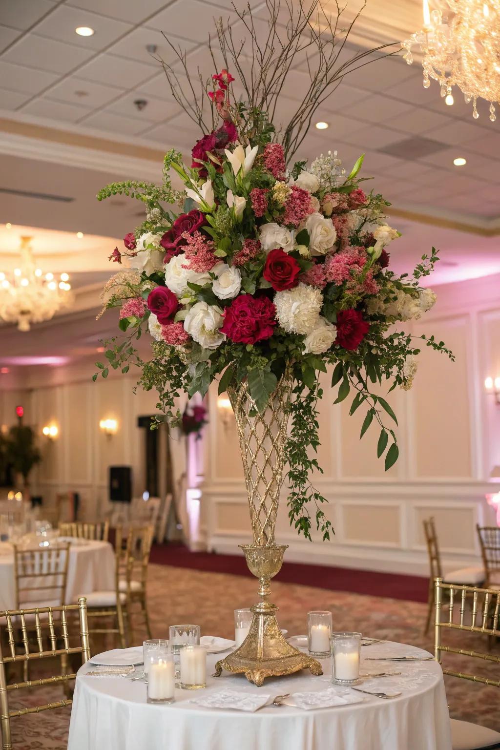 A grand and majestic floral arrangement, adding drama and sophistication to the wedding venue.