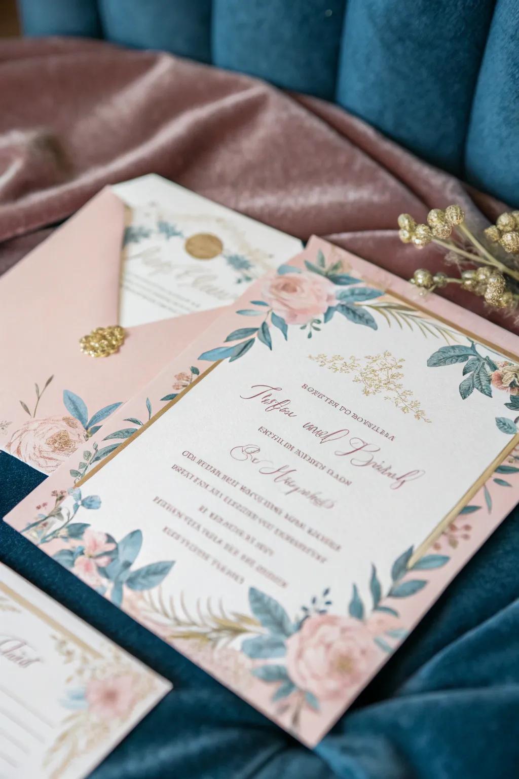 Invitation in soft rose and gentle sky blue on a velvet surface.